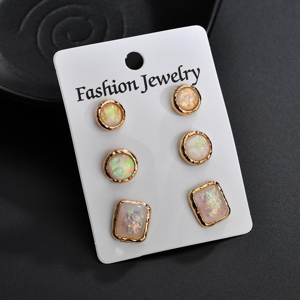3-to-1 card imitation opal resin earrings personality simple geometric earrings set