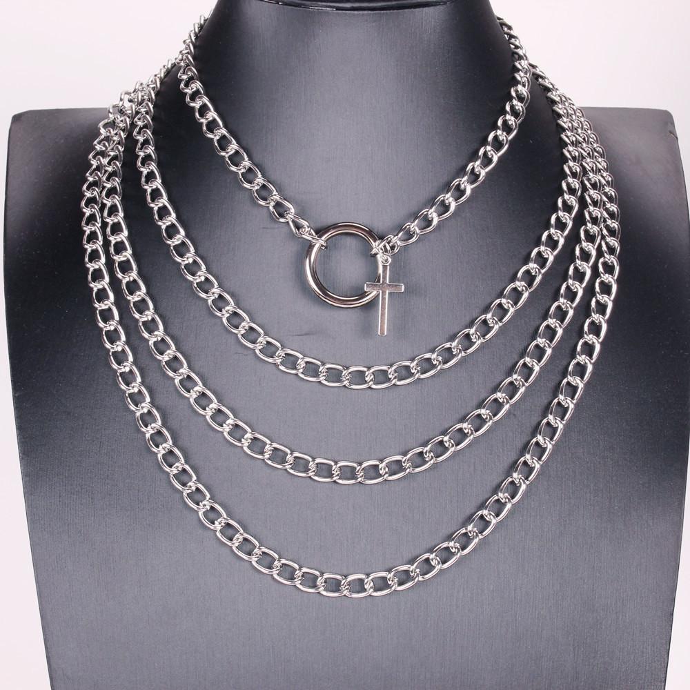 Jewelry punk metal chain multi-layer necklace hip-hop ins cross geometric ring necklace