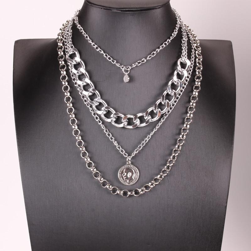 Necklace punk street portrait coin pendant metal exaggerated thick chain multi-layer necklace