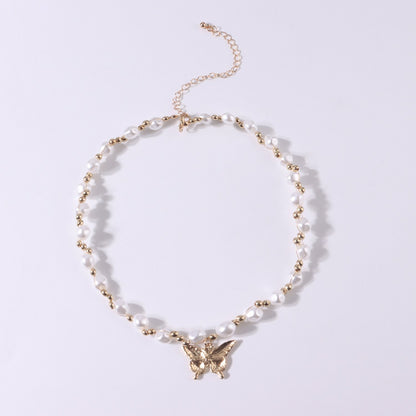 Jewelry Fashion Embossed Three-dimensional Butterfly Necklace Women's Short Style Pearl Geometric Single Layer Necklace