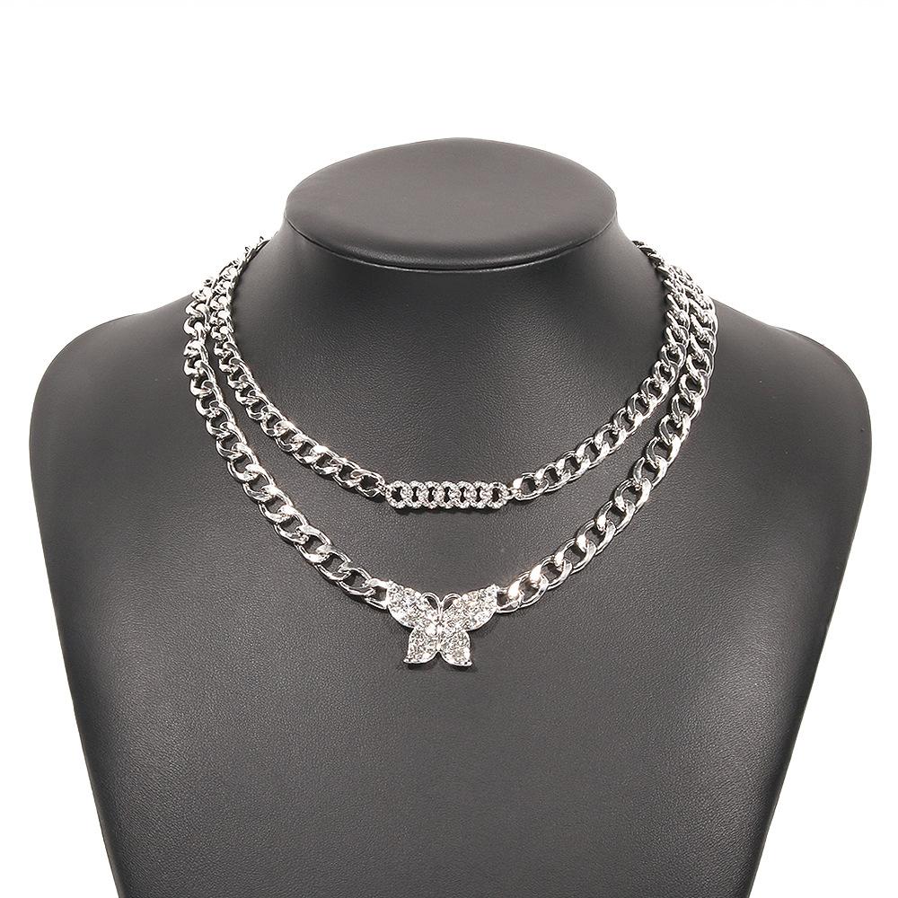 N8917 Double-layer trendy money ornament full diamond butterfly Cuban chain necklace exaggerated temperament geometric chain necklace