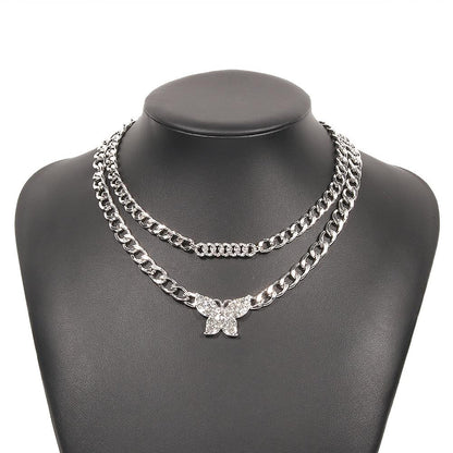 N8917 Double-layer trendy money ornament full diamond butterfly Cuban chain necklace exaggerated temperament geometric chain necklace