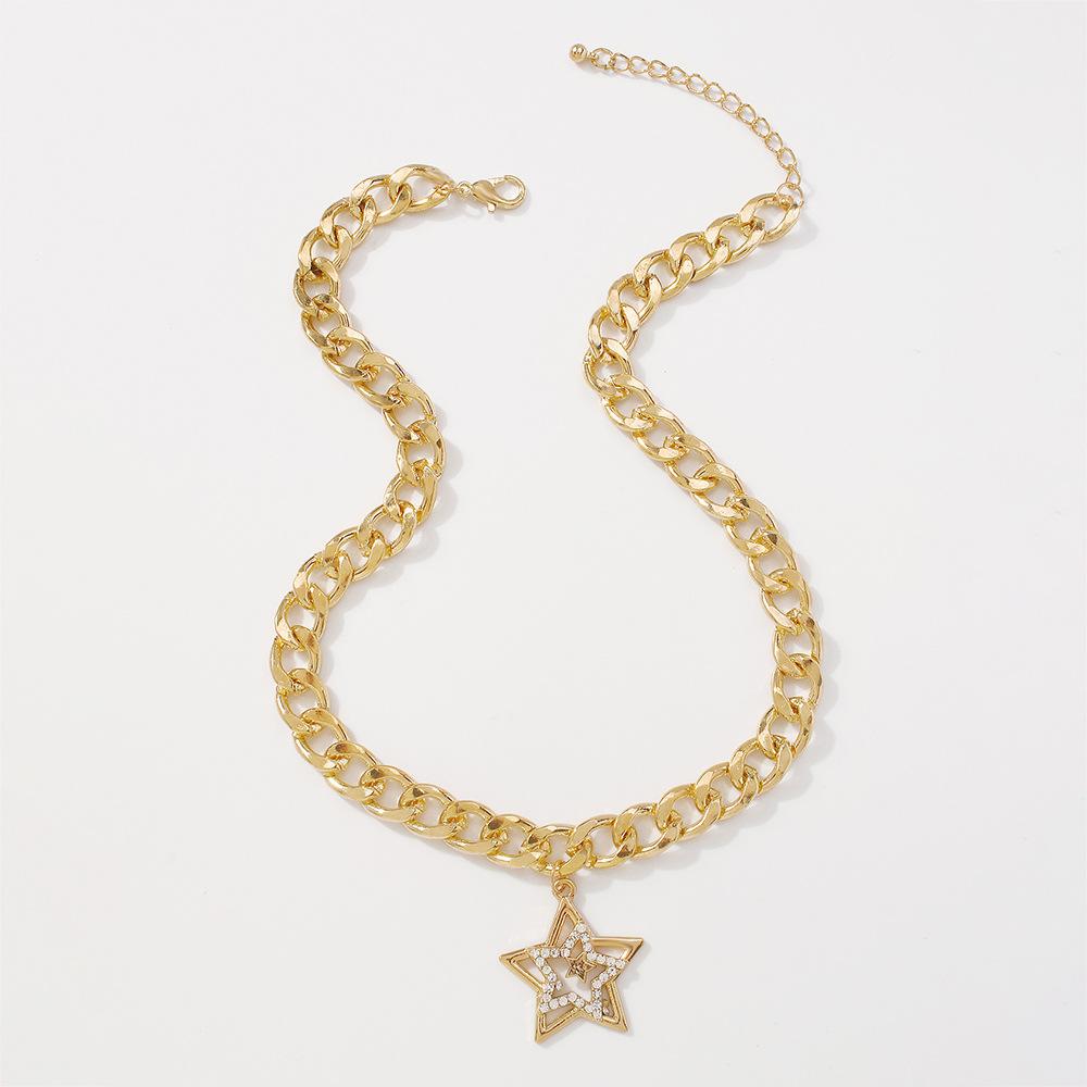 N8983 Personality Thick Chain Necklace Hip Hop Punk Pentagram Necklace Diamond Exaggerated Fashion Necklace