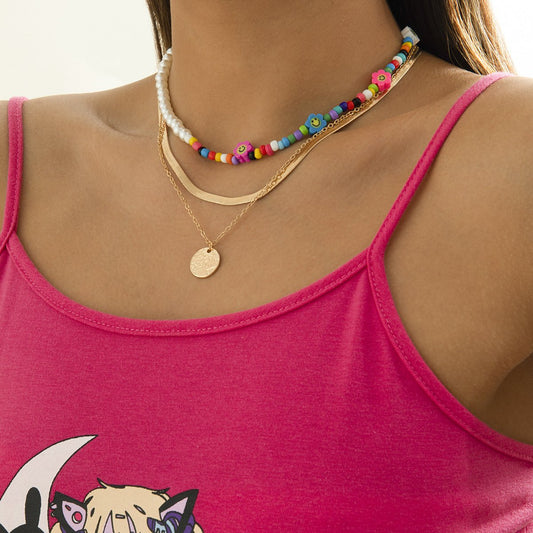 Jewelry Asymmetrical Punk Snake Bone Chain Embossed Necklace Female Simple Rice Bead Soft Pottery Flower Necklace