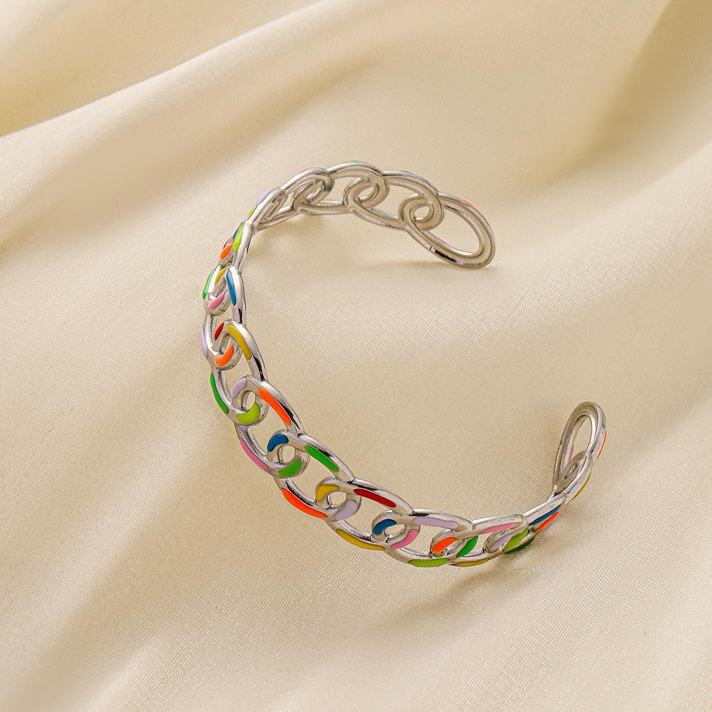 Simple fashion trendy design women's stainless steel opening color stitching O word painting oil bracelet