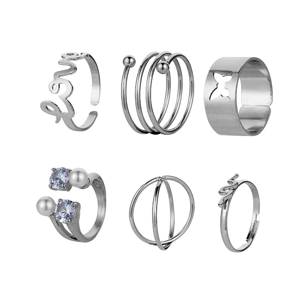 Fashion Retro Butterfly Love Snake Spring Pearl Multi-Piece Ring Set Six-Piece Set Ladies Jewelry