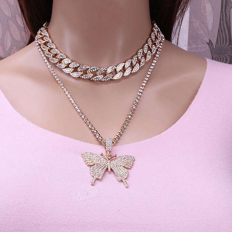 Jewelry Exaggerated Micro-inlaid Rhinestone Geometric Necklace Women's Retro Suit Cuban Chain Big Butterfly Necklace