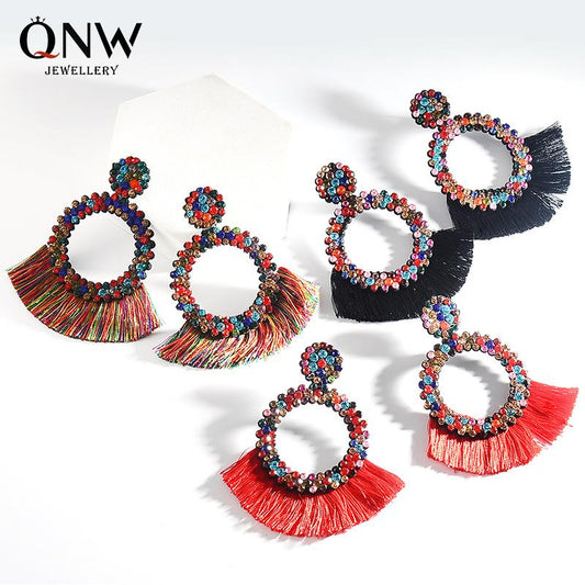 Rhinestone Tassel Earrings Female Exaggerated Color Geometric Large Earrings Personality Bohemian Earrings