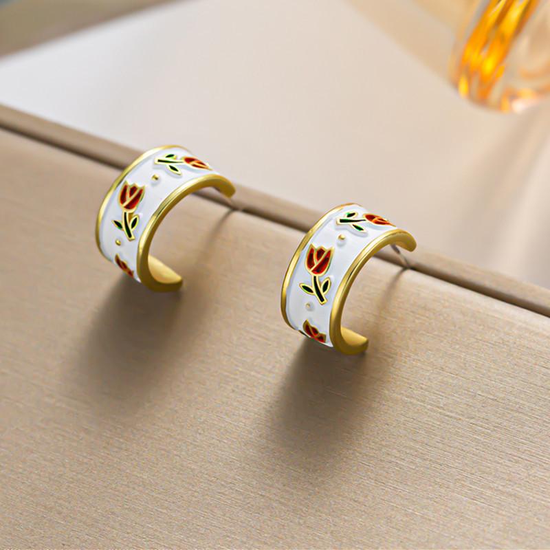 Niche retro Chinese spring tulip pattern enamel glaze silver needle C-shaped hoop earrings earrings women