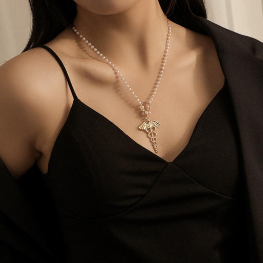 Retro Temperament French Pearl Chain Necklace Fashion Wings Wand Pendant Jewelry