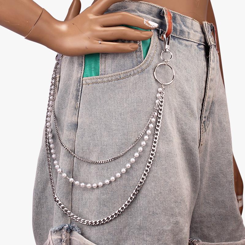 Hip Hop Punk Body with Fashion Pearl Waist Chain Personality Pop Multilayer Metal Jeans Chain