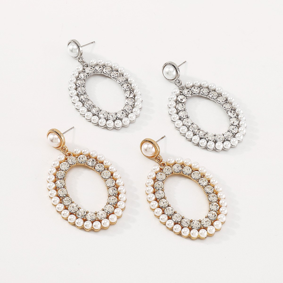 E1754 Baroque pearl rhinestone niche earrings geometric oval elegant retro French gentle earrings for women
