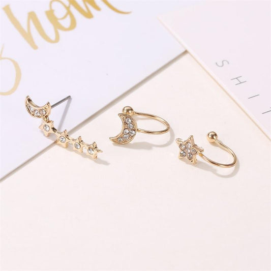 Set No Pierced Earrings Full Diamond Star Moon 3-piece Set Ear Clip Women's Trendy Earrings