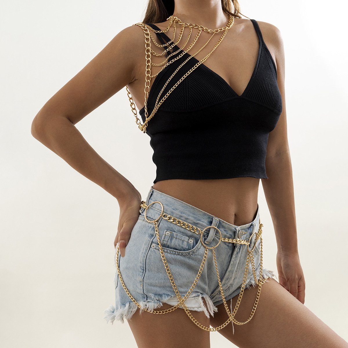 Jewelry creative metal ring tassel chain body chain beach sexy geometric clothing chain female