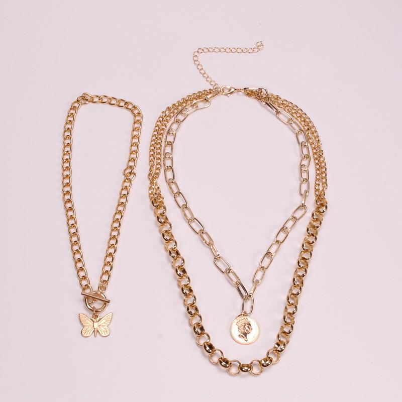 Punk street portrait coin pendant metal exaggerated thick chain butterfly multi-layer necklace