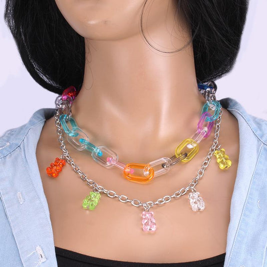 Ins sweet color candy color bear tassel necklace fashion girl multi-layer exaggerated necklace collarbone chain