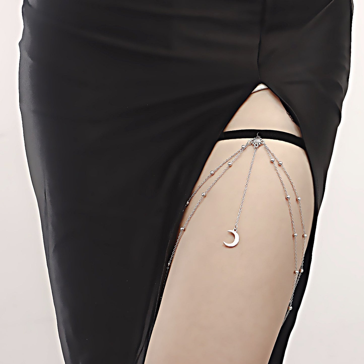 Jewelry Sexy Stretch Double Layer Ball Chain Body Chain Metal Crescent Moon Pendant Tassel Thigh Chain