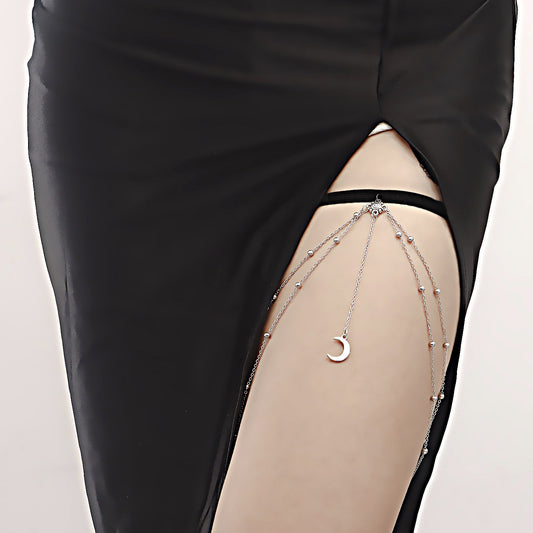 Jewelry Sexy Stretch Double Layer Ball Chain Body Chain Metal Crescent Moon Pendant Tassel Thigh Chain