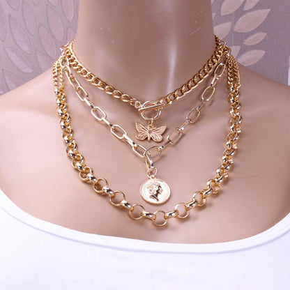 Punk street portrait coin pendant metal exaggerated thick chain butterfly multi-layer necklace