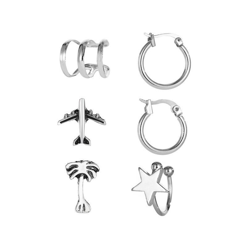 Fashion retro ins set earring personality creative star plane coconut tree 5-piece set ear clip earrings