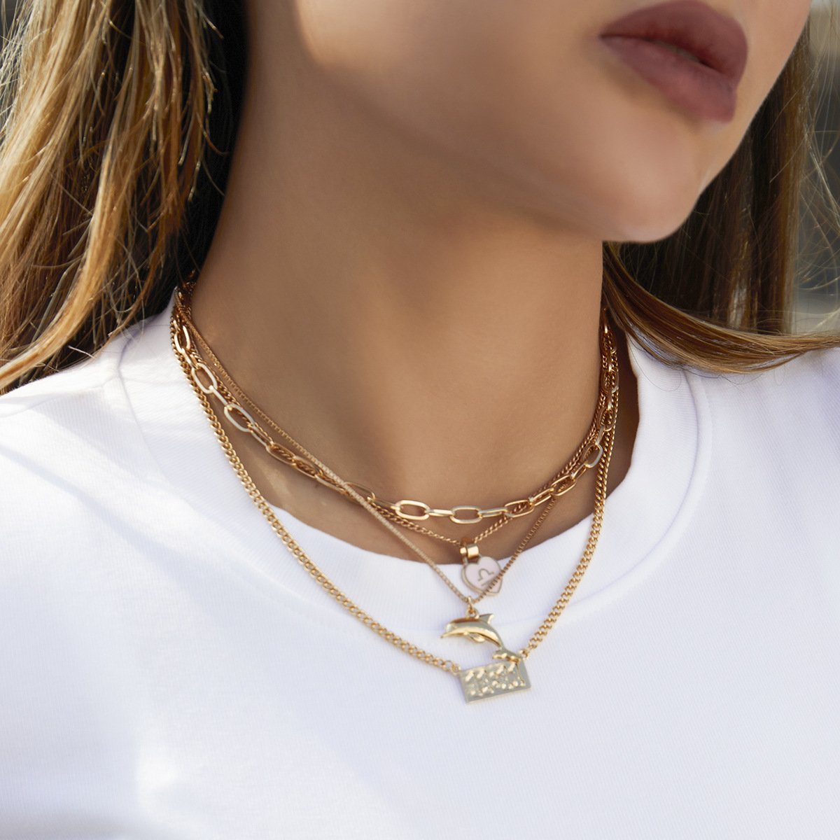 Jewelry Stacked Sweet Cool Digital Necklace Creative Heart-shaped Libra Constellation Whale Multi-layer Necklace Female