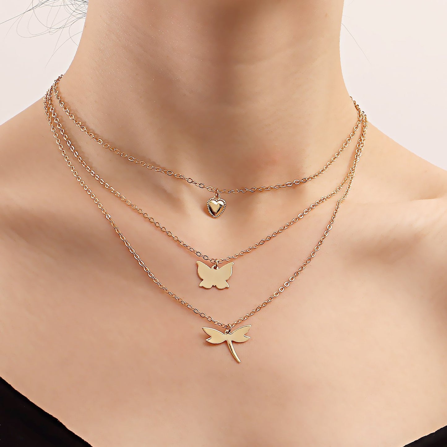 Fashion Jewelry Temperament Butterfly Dragonfly Combination Multilayer Necklace Niche Design Love Pendant Clavicle Chain Female