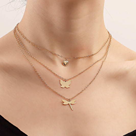 Fashion Jewelry Temperament Butterfly Dragonfly Combination Multilayer Necklace Niche Design Love Pendant Clavicle Chain Female