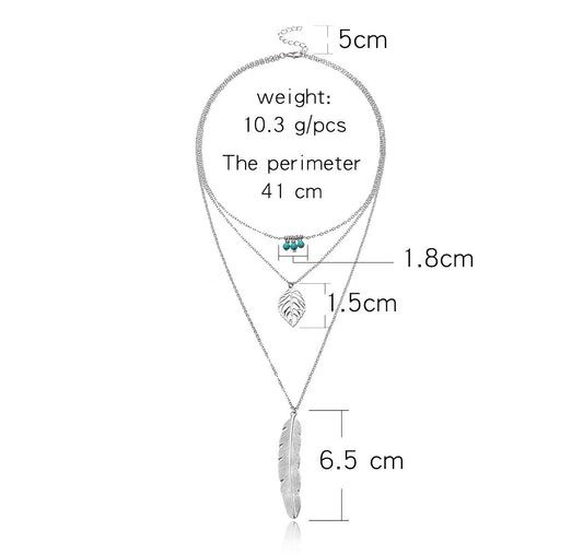 Women's Necklace Multilayer Jewelry Fashion Versatile Turquoise Leaves Handmade Beaded Feather Pendant Necklace