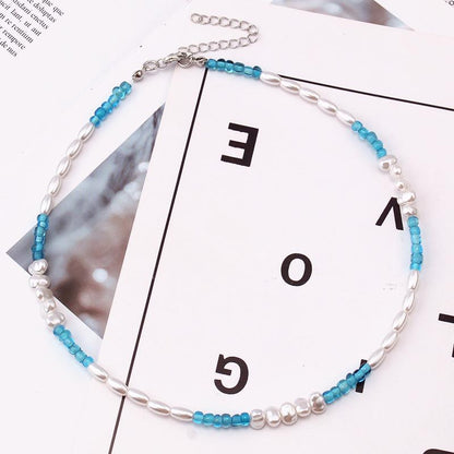 Simple Bohemian Pearl Necklace Stainless Steel Niche Design Glass Crystal Beads Beaded Clavicle Chain