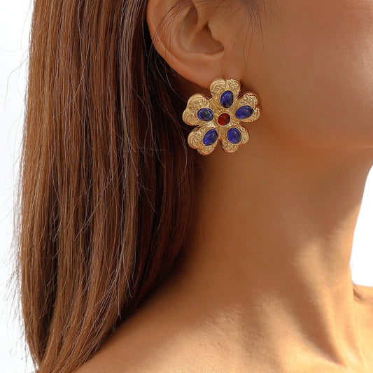 Retro Palace Geometric Flower Gemstone Earrings Personality Light Luxury Temperament Elegant Embossed Creative Earrings