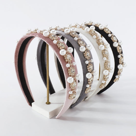 F4237 retro headband imitation pearl rhinestone light luxury headband heavy industry Baroque catwalk hair accessories for women