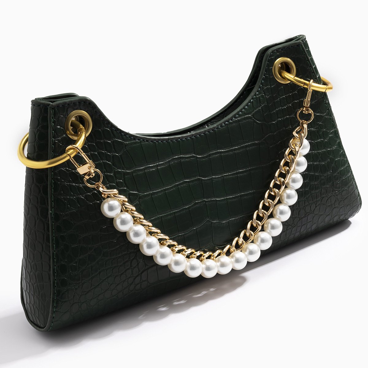 Fashion Trend Aluminum Chain Handbag Beaded Shoulder Chain Retro Simple Pearl Alloy Buckle Bag Chain