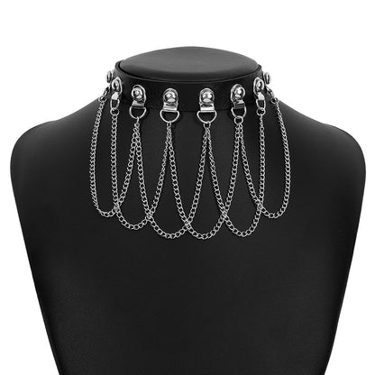 N1532 Gothic Exaggerated Dark Leather Collar Harajuku Chain Tassel Hip-Hop Night Necklace