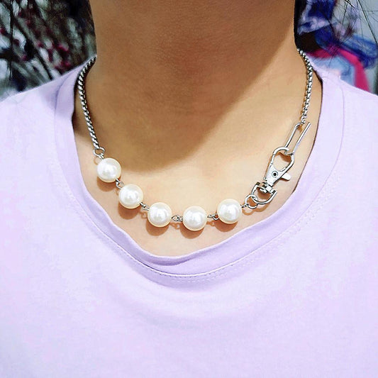 Jewelry Punk Hip Hop Keychain Clavicle Chain Necklace Fashion Trend Imitation Pearl Stitching Necklace