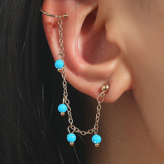 Retro Simple Long Chain Ear Clip One-piece Beaded Tassel Ear Stud Trend No Pierced Ear Clip For Women