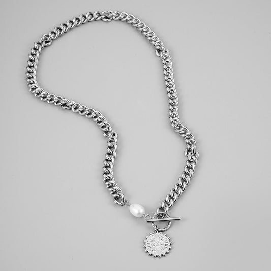 Men's trendy men's pearl coin arrow OT buckle necklace hip-hop punk clavicle chain necklace