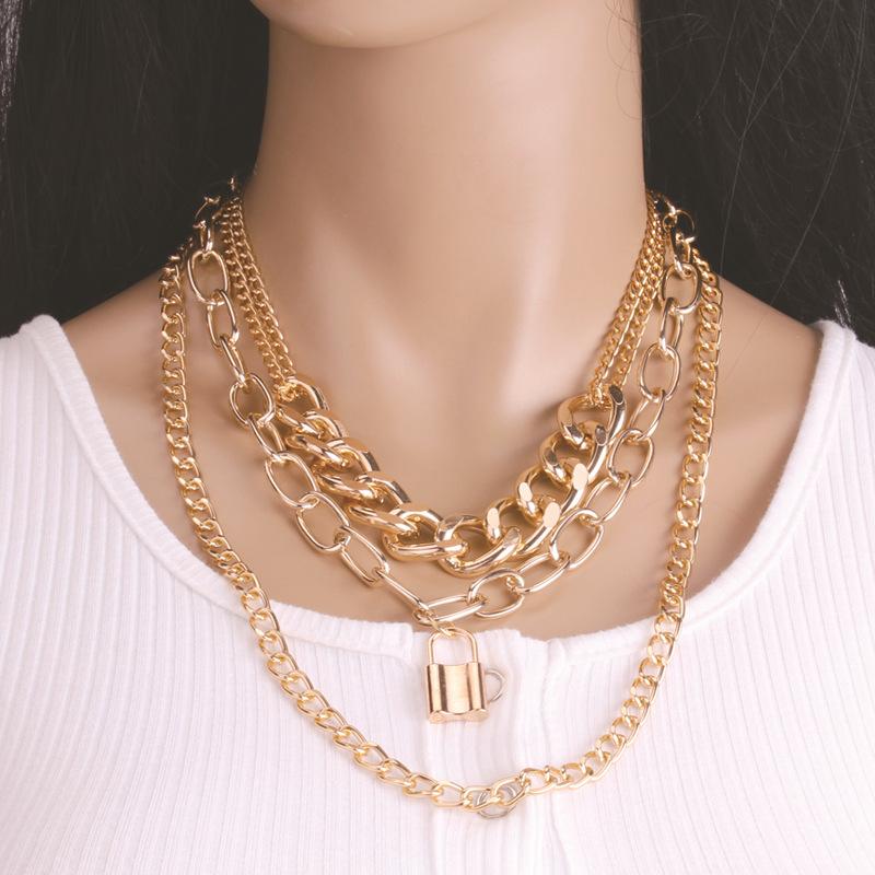 Punk hip-hop exaggerated thick aluminum chain metal multi-layer chain padlock necklace female