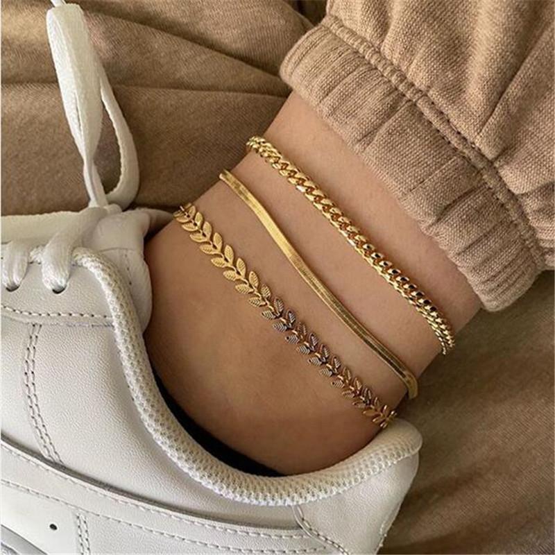 Jewelry personalized metal texture chain leaves leaves 3 set anklets