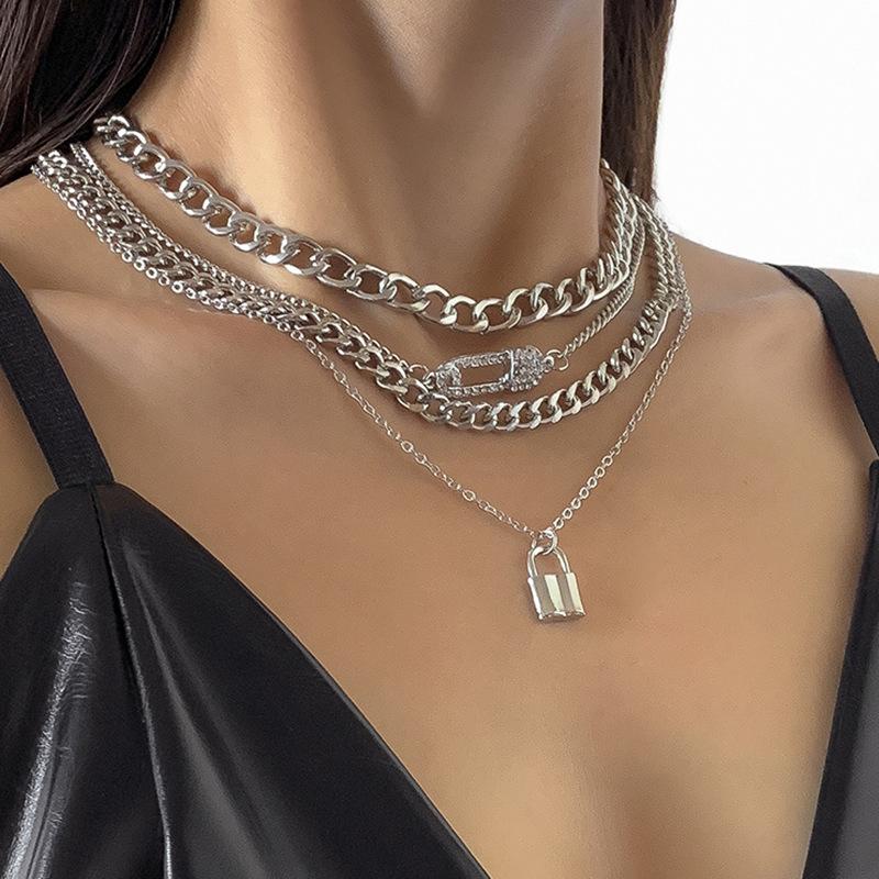 Jewelry Hip Hop Trend Diamond Pin Lock Necklace Female Simple Metal Chain Clavicle Necklace