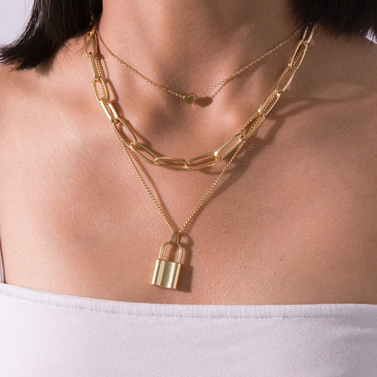 Jewelry Simple Exaggerated Thick Chain Necklace Women's Retro Multi-layer Geometric Lock Heart Necklace