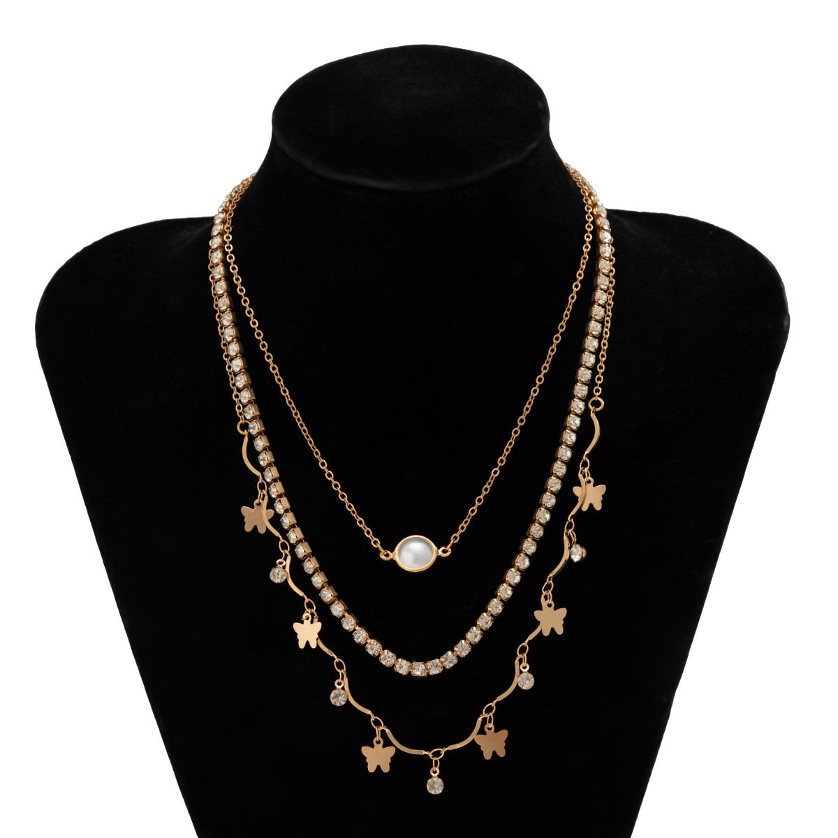 Jewelry Niche Butterfly Rhinestone Tassel Multi-layer Necklace Simple Diamond-studded Imitation Pearl Necklace Women