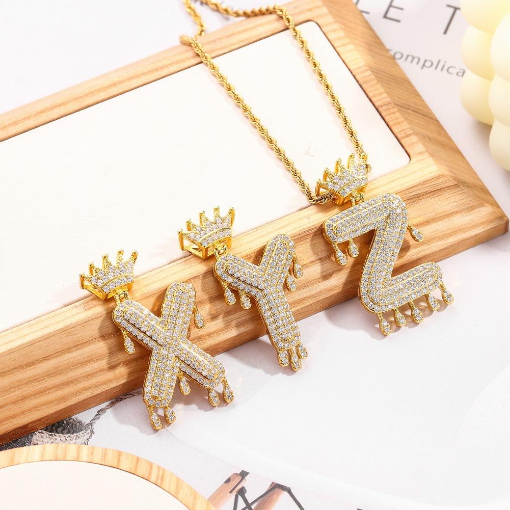 Hip-hop trend necklace copper micro-inlaid zircon 26 English letters crown full diamond pendant jewelry