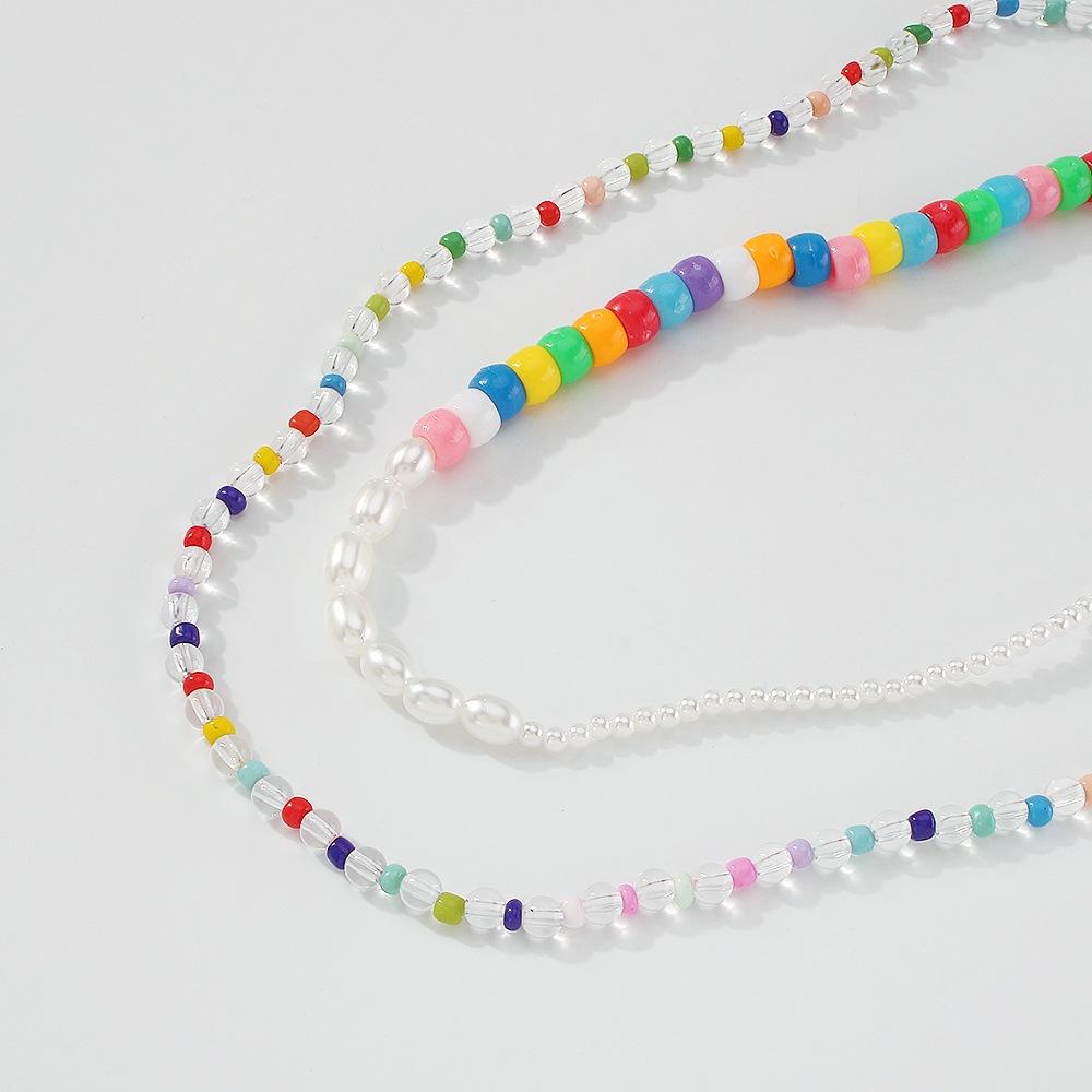 N9459 Bohemian Colorful Bead Necklace Imitation Pearl Resin Necklace Retro Hip Hop Double Layer Necklace for Women