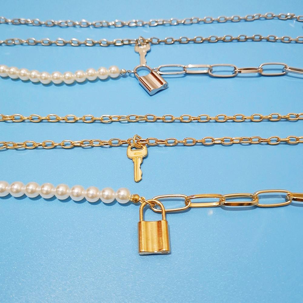 Jewelry multi-layer pearl thick chain necklace female retro lock two-piece chain