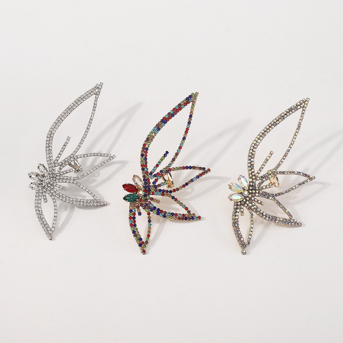 E112 Exaggerated Sweet Cool Niche Earrings Personality Design Leaves Hip-Hop Punk Earrings Full of Diamonds