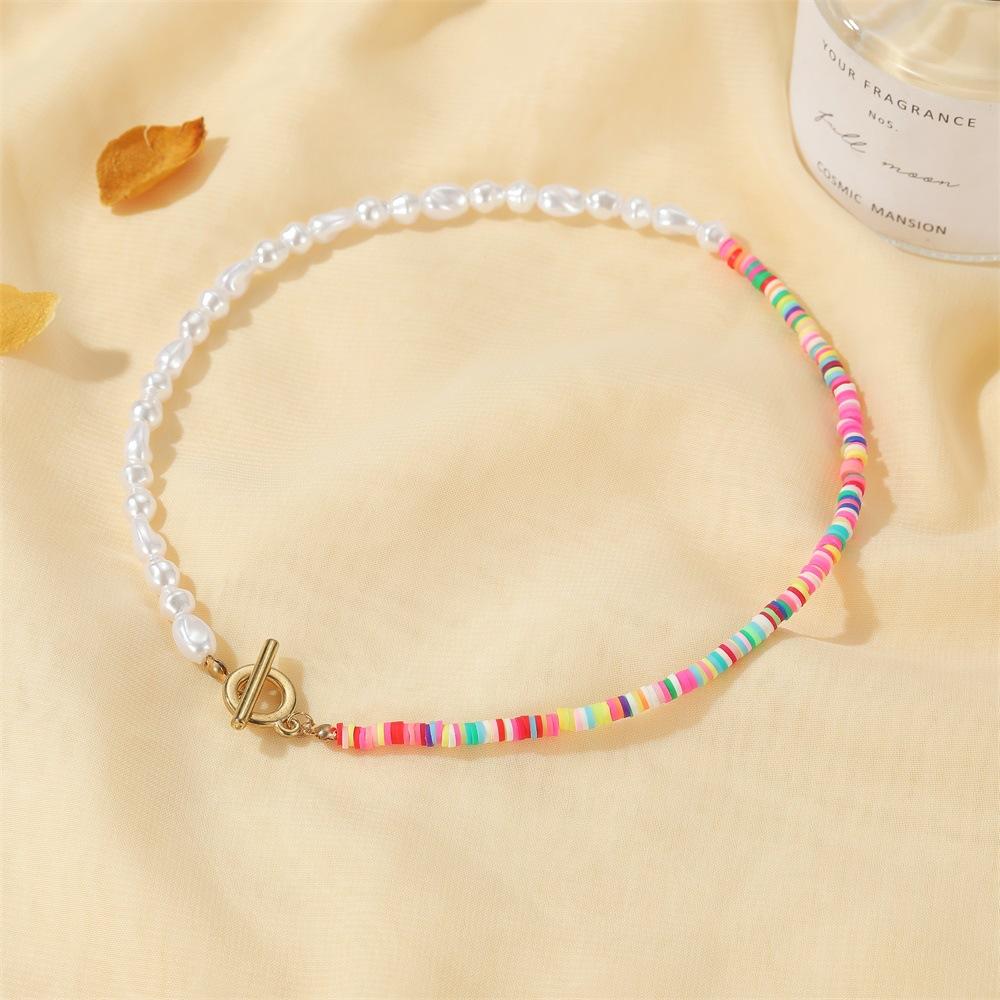 Bohemian colored soft pottery necklace natural pearl clavicle chain national personality color contrast collar