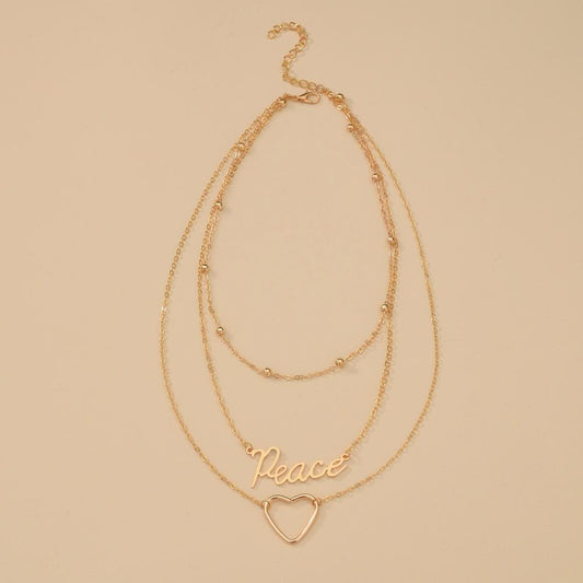 Fashionable English letter Peace peach heart pendant necklace multi-layer chain collarbone necklace accessories