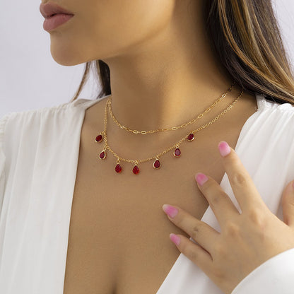 Jewelry Retro Design Water Drop Ruby Rhinestone Necklace Temperament Cross Chain Stacked Necklace