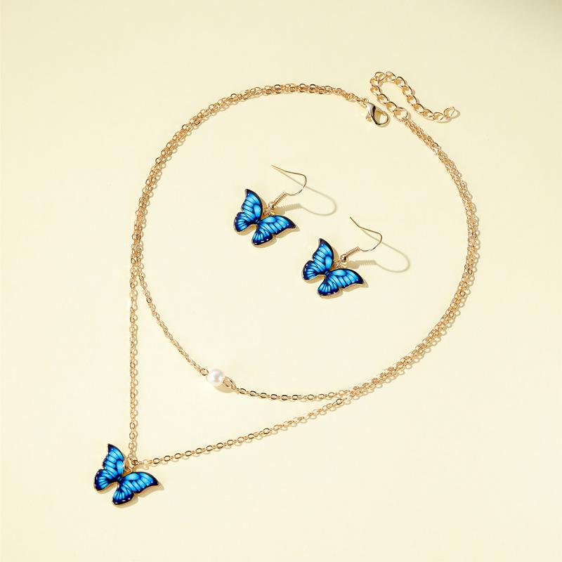 Set Butterfly Necklace Colorful Double Layer Pearl Butterfly Pendant Feminine Elegant Butterfly Earrings