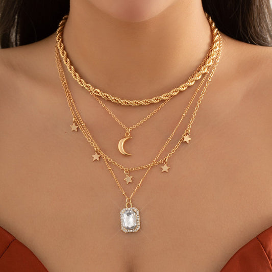 Jewelry Retro Full Diamond Square Pendant Star Moon Necklace Female Sweet Cool Twist Chain Tassel Necklace